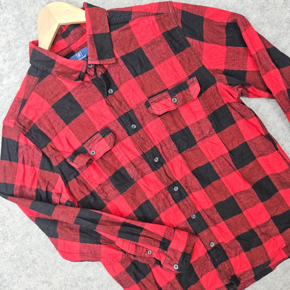 George Flannel Shirt Men's Medium Red Black Buffalo Plaid Long Sleeve Button Up
